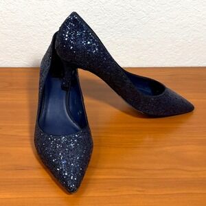 White House Black Market Phoebe Officer Blue Glitter Kitten Heel Pumps Size 9M
